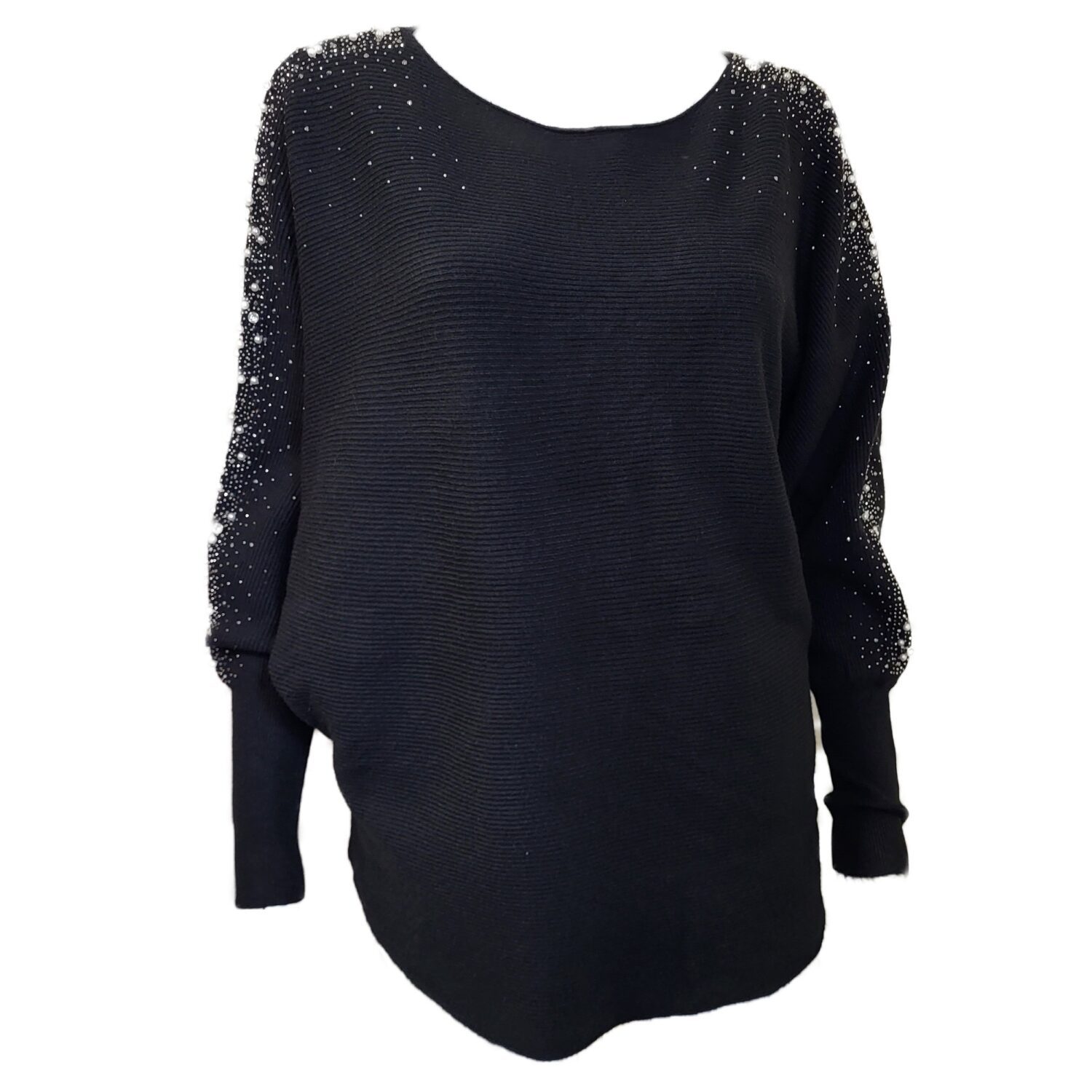 black round neck jumper with pearl and sparkle sleeve deteail