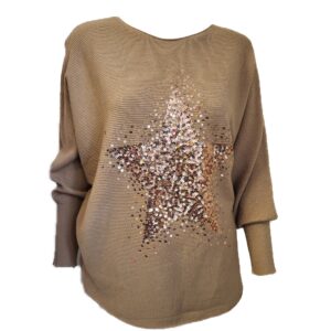 light brown batwing jumper with sequin star