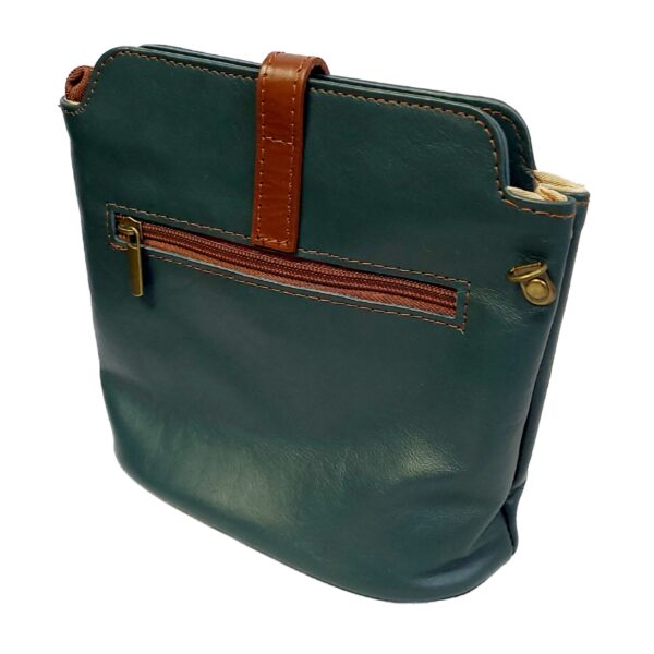 dark green soft leather messenger bag showing zip pocket on the back