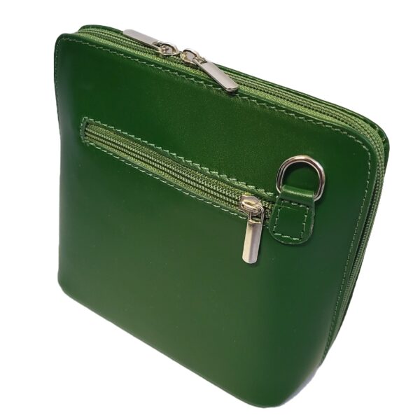 small square green leather messenger bag showing back view with zipped pocket