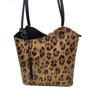 brown leather handbag with leopard skin design and zipped pocket on the front