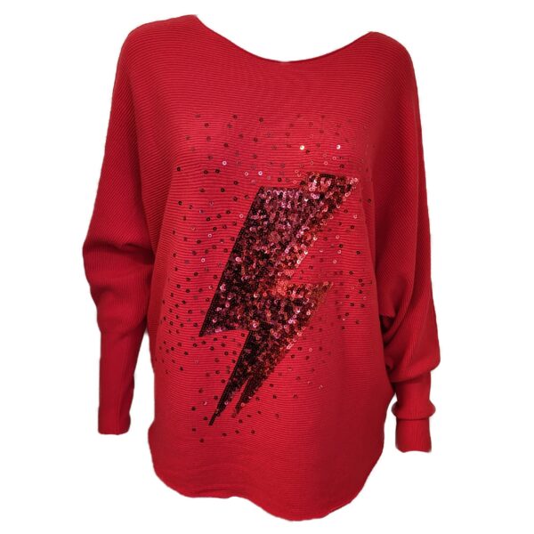 red batwing jumper with sequin lightning design