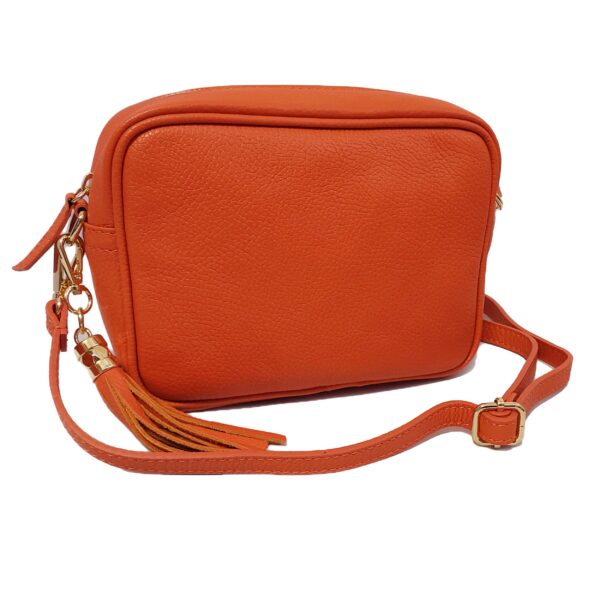 orange leather messenger bag with long strap