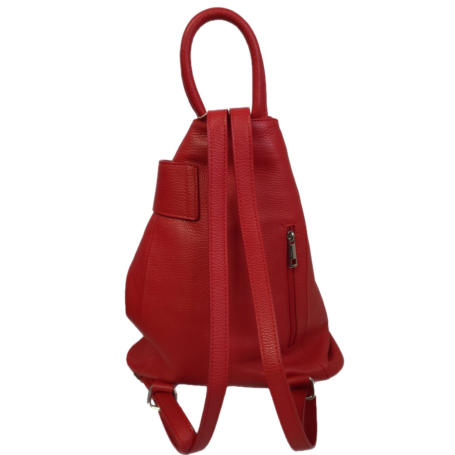 red leather backpack showing back view