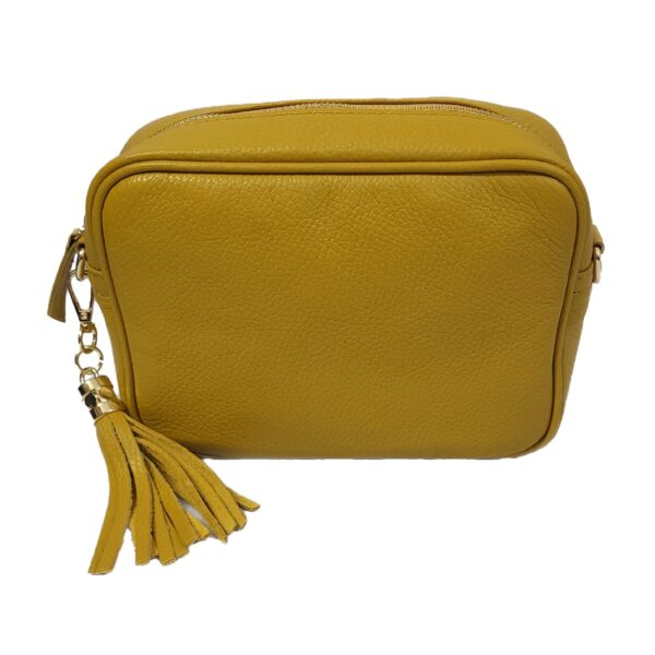 mustard yellow messenger bag with tassel front view.