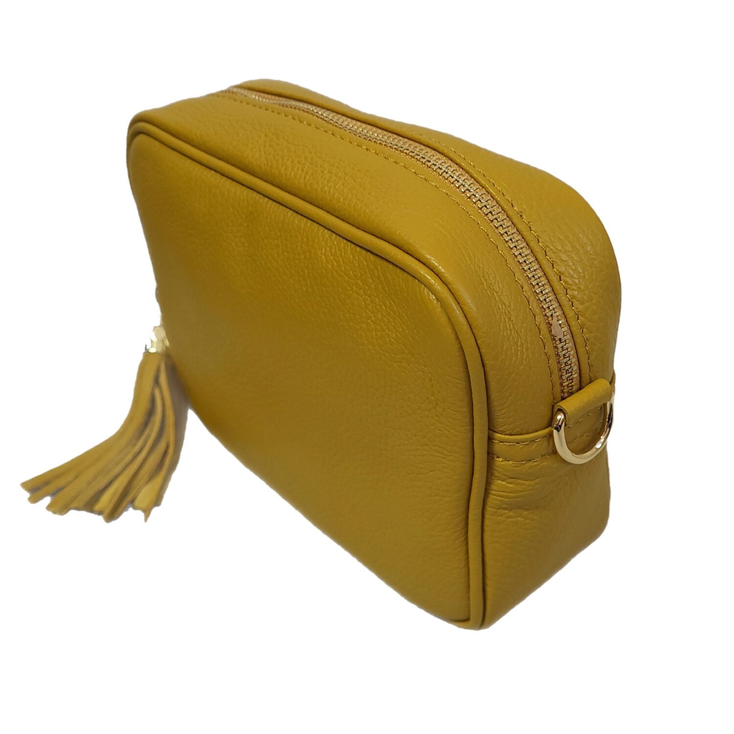 yellow rectangular bag with tassle showing zip and size view
