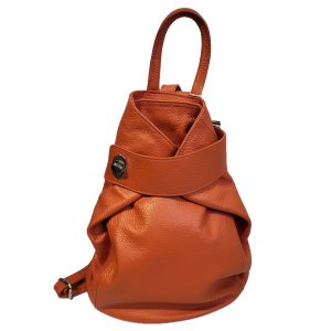 orange leather backpack with clasp fastening front view