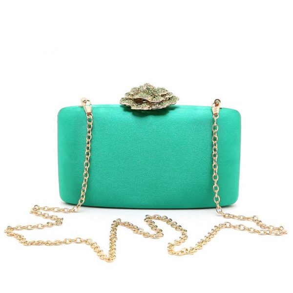 green satin box bag with gold chain strap and diamante rose fastening