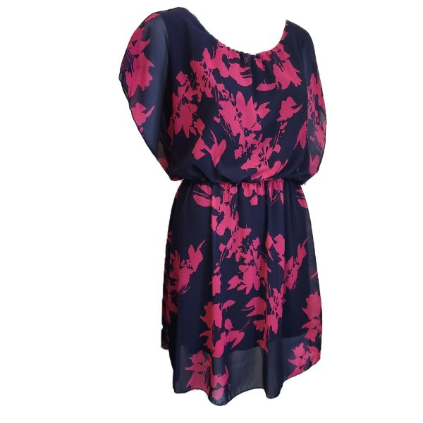 navy blue dress with large pink pattern side view