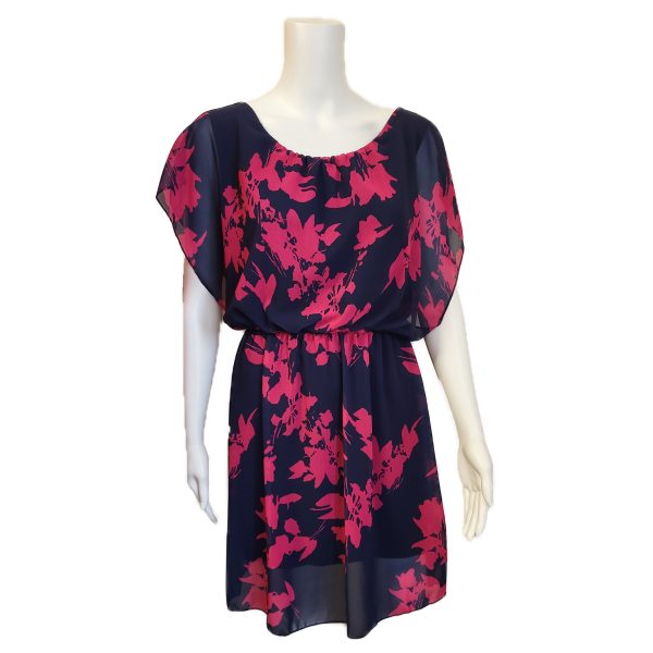 navy blue dress with large pink pattern