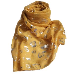 Mustard yellow scarf with silver metallic hearts