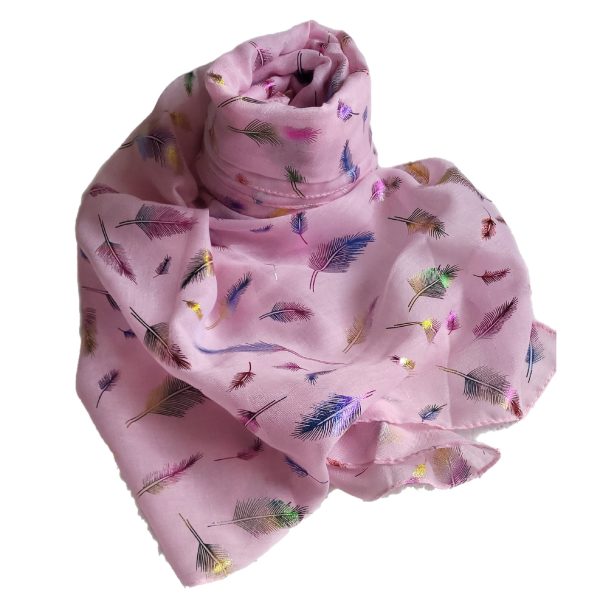 Pale pink scarf with multicoloured metallic feathers
