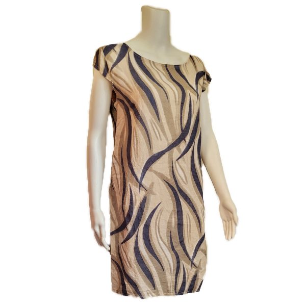 Beige linen shift dress with navy and white abstract line pattern