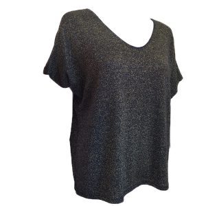 black v neck top with short sleeves and gold glitter detail