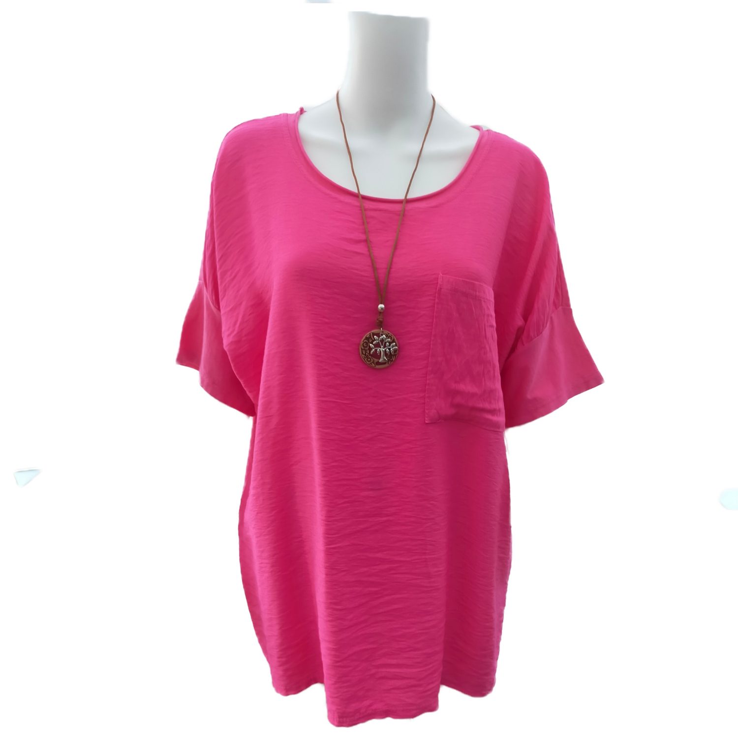 pink scoop neck tshirt top with breast pocket front view