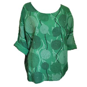 green top with abstract design and 3/4 sleeves
