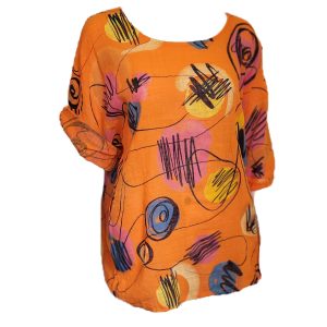 orange one size top with 3/4 sleeves and abstract splodges of colour