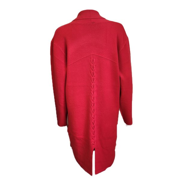 long red cardigan with plaited back seam detail and split at the bottom - back view