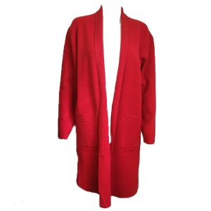 Long red cardigan with open front and pockets front view