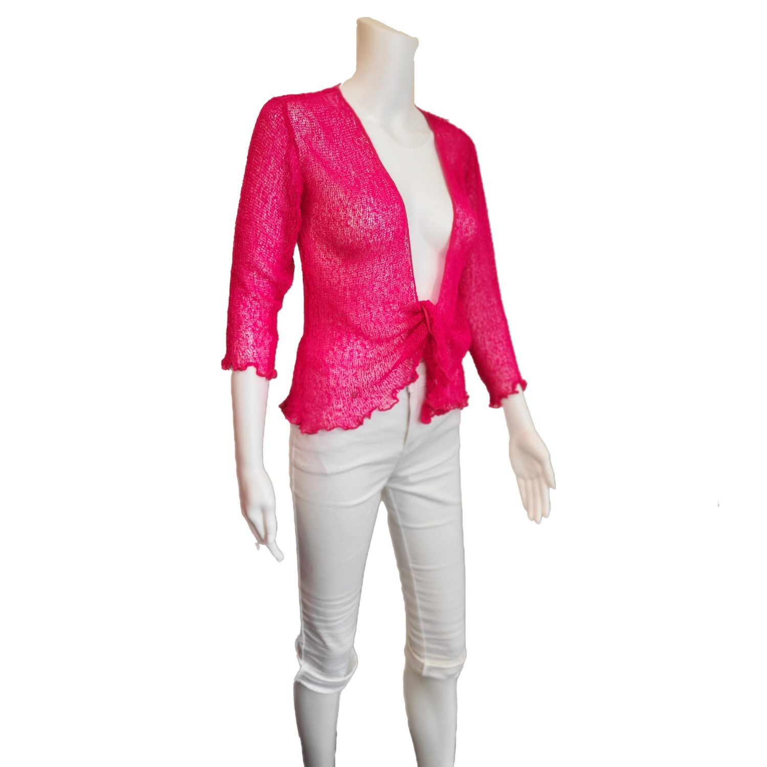 fuchsia pink cardigan - very loose knit with tie front