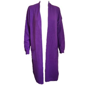 long purple cardigan, open fronted, long sleeves, pockets