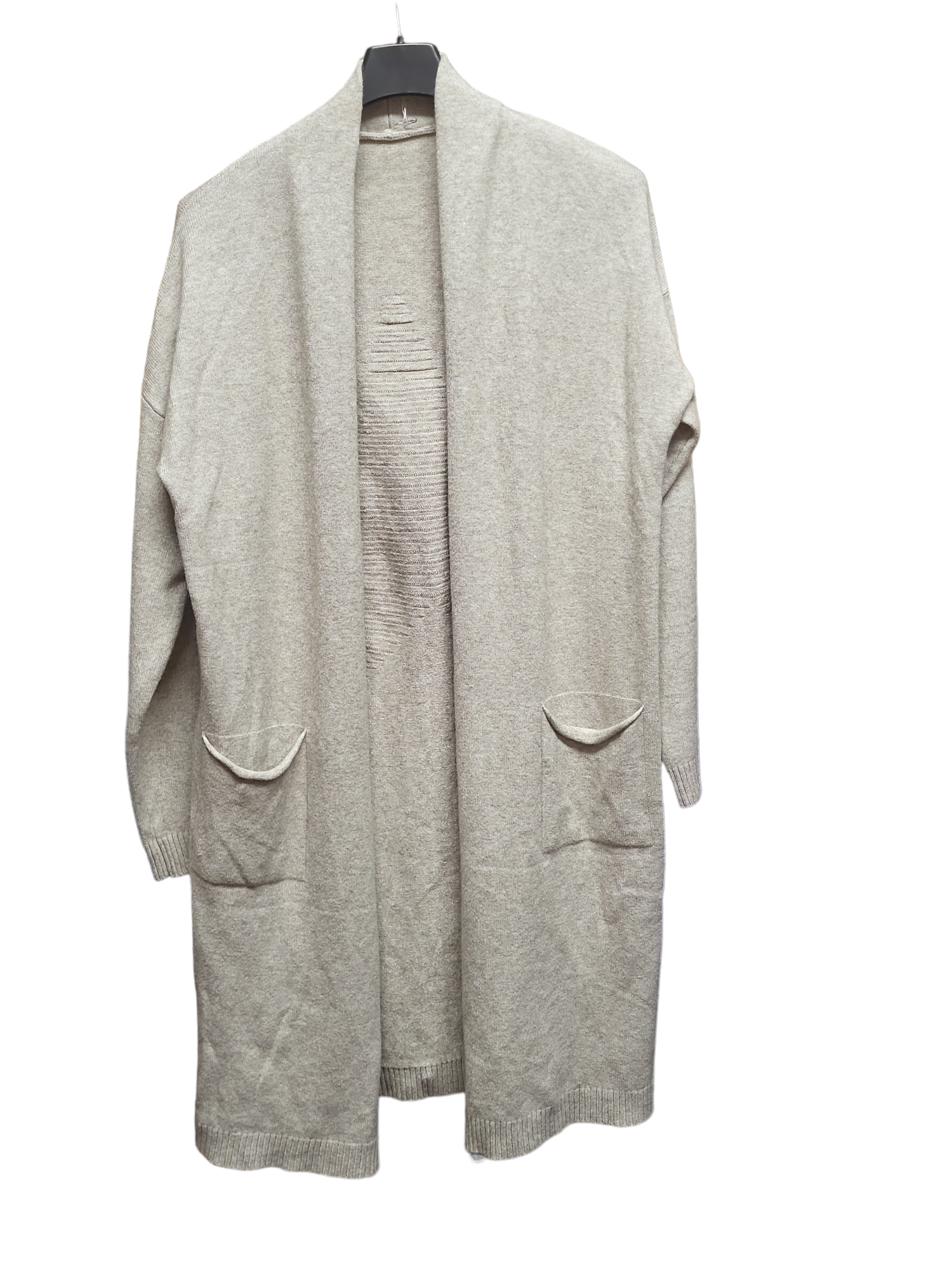 long cream cardigan showing front view with 2 pockets and no buttons