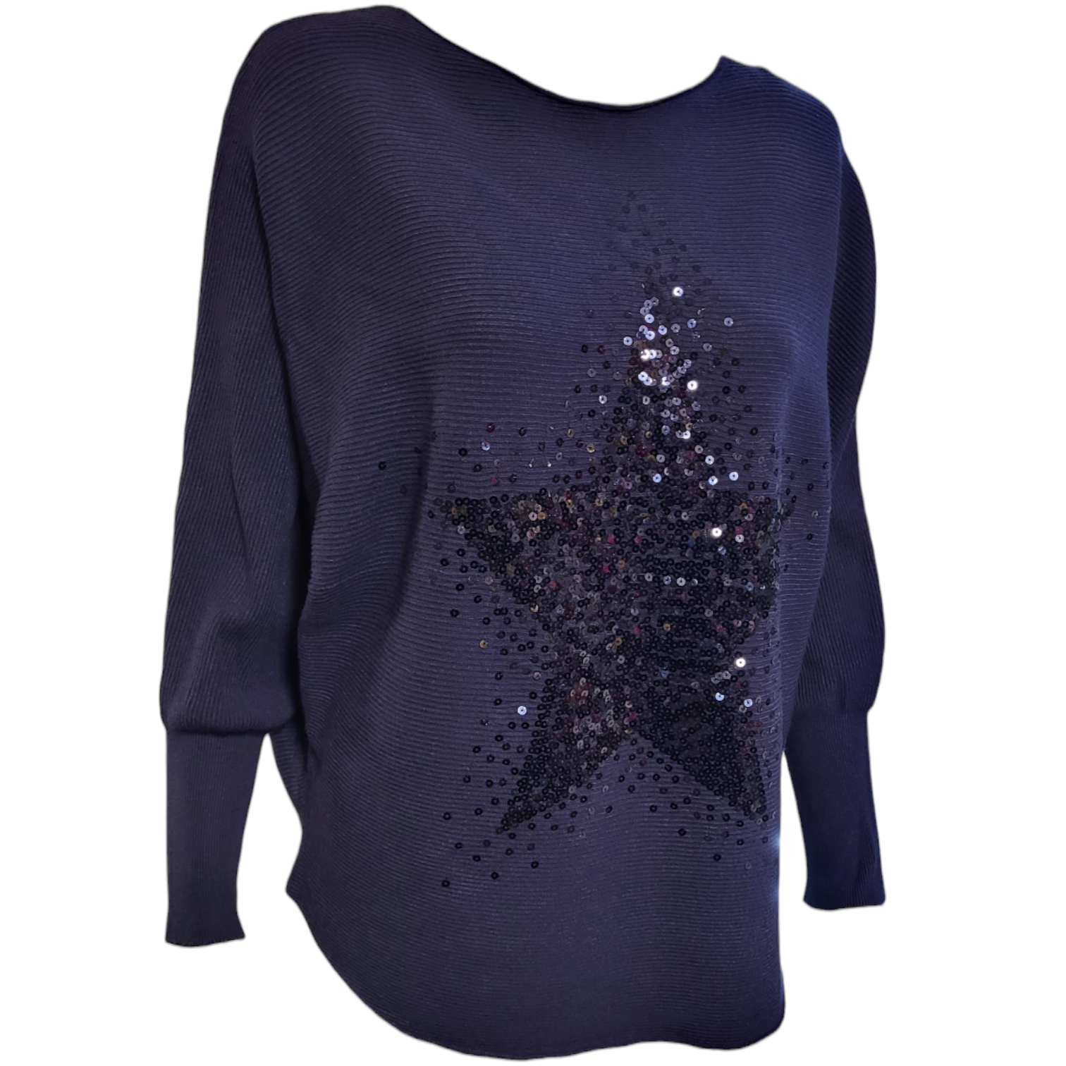 navy batwing jumper with large sequined star on teh front