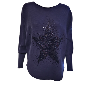 Navy blue batwing jumper with large sequin star design