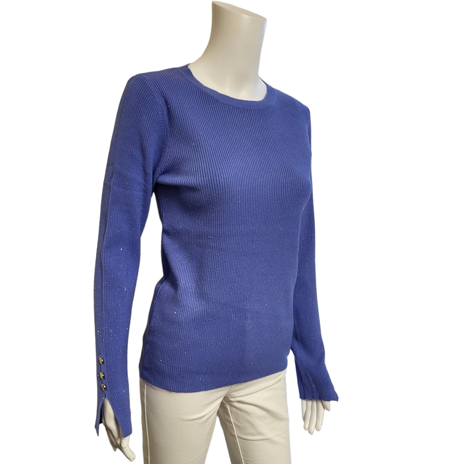 blue ribbed top with round neck and long sleeves