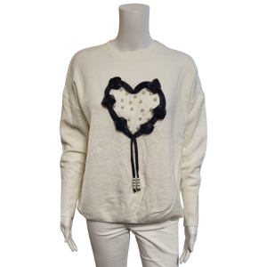 white round neck jumper with black ribbon heart design and pearls