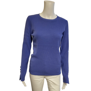 blue ribbed round necked top with 3 button sleeve