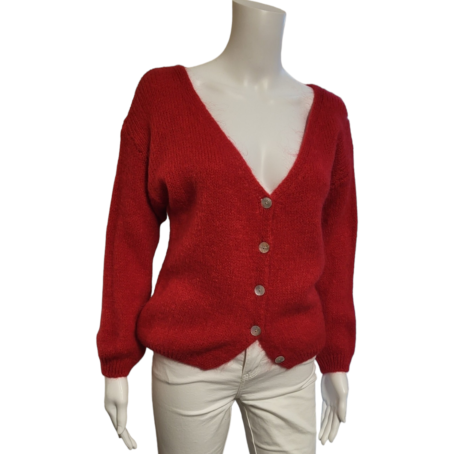 red mohair cardigan with v neck and buttons