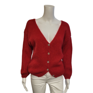 soft red mohair cardigan with v neck and buttons