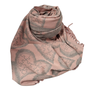 pale pink thick scarf with grey hearts with jigsaw interior
