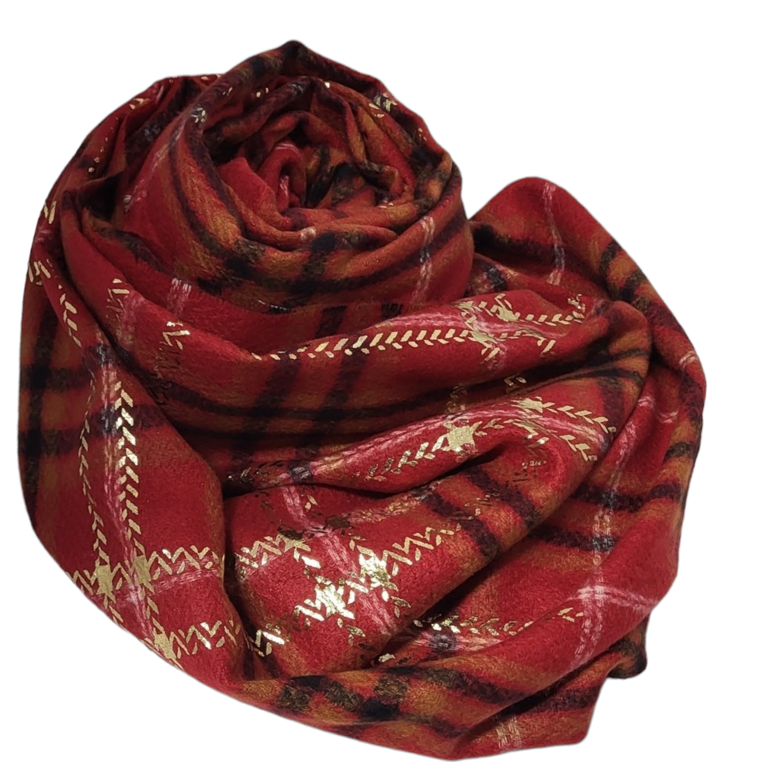 red tartan scarf with gold lines