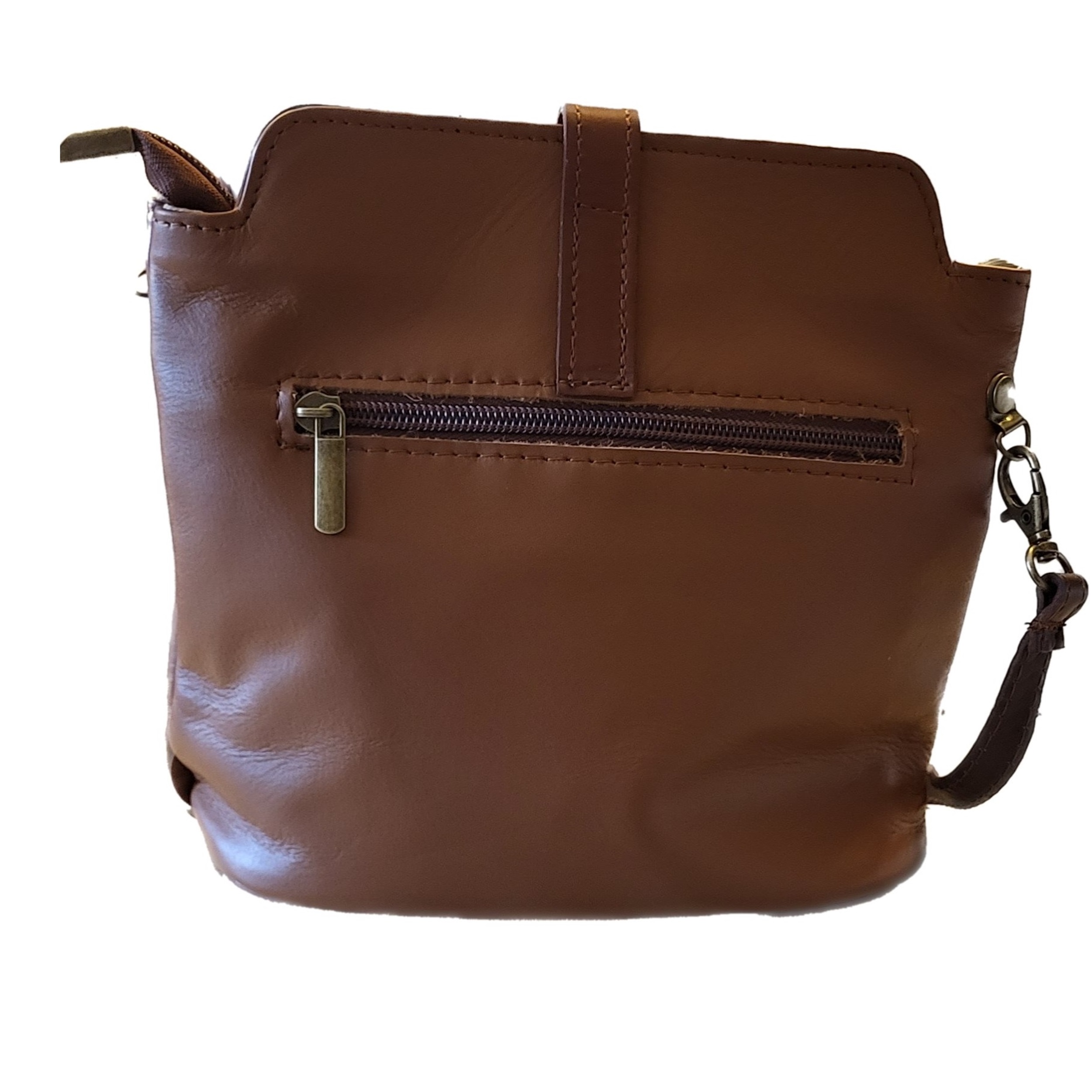 soft brown leather bag with long strap, back view showing zipped pocket,