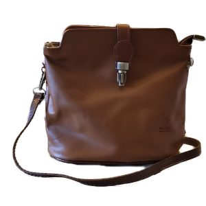soft light brown messenger bag with contrasting dark brown strap