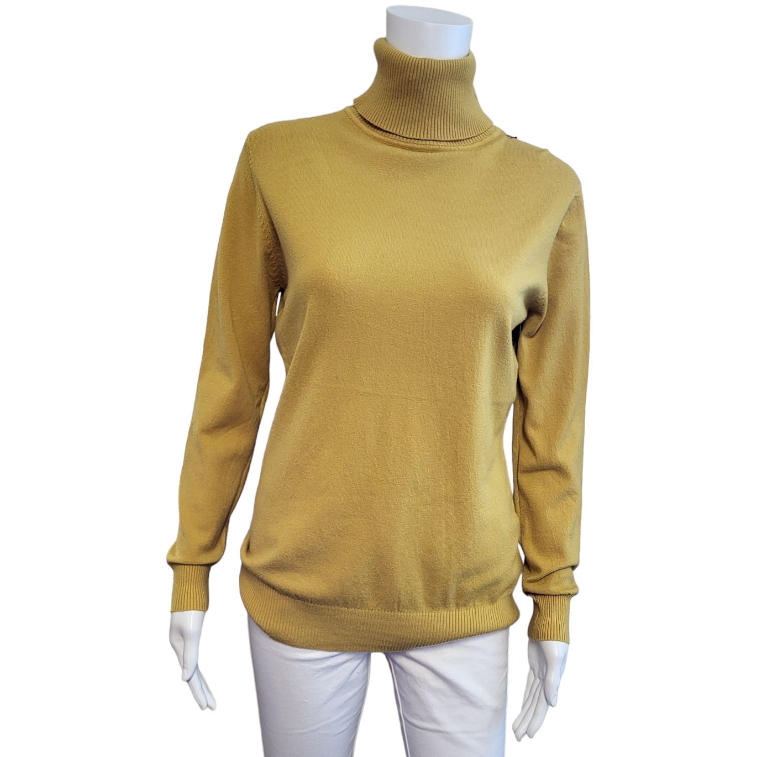 long sleeved polo neck jumper. Fine knit, mustard colour.