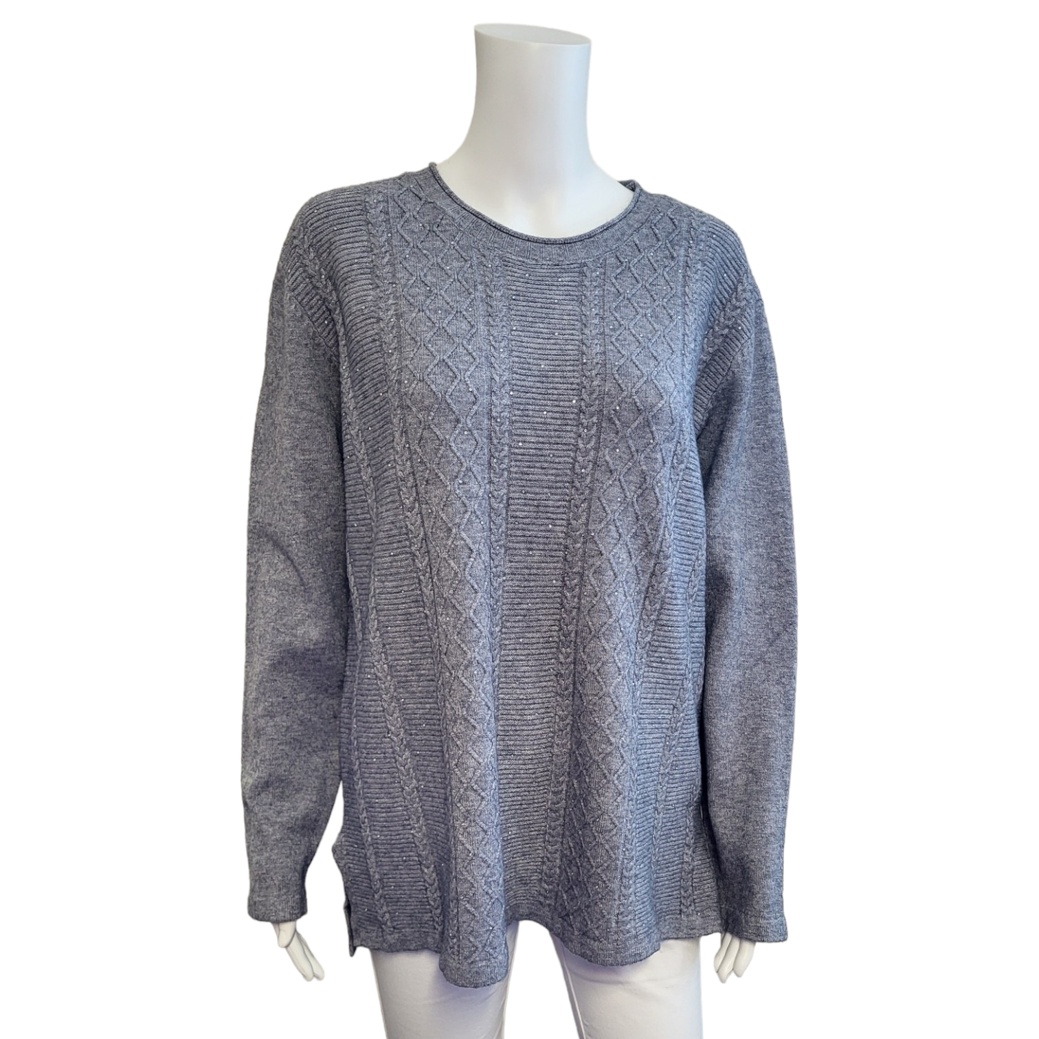 grey round necked jumper with cable and diamond design on the front. Sparkle effect on the front.