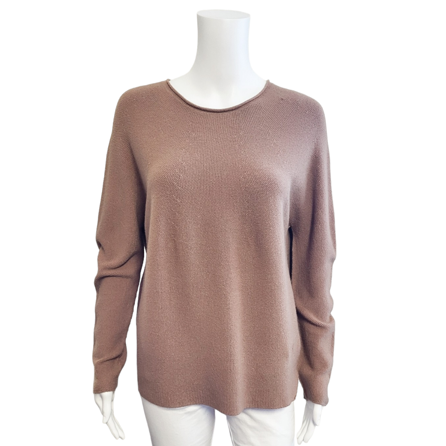 mid brown round necked jumper with long sleeves .