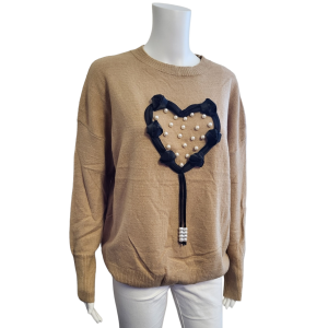 light brown round necked jumper with large black ribbon heart and pearl detail