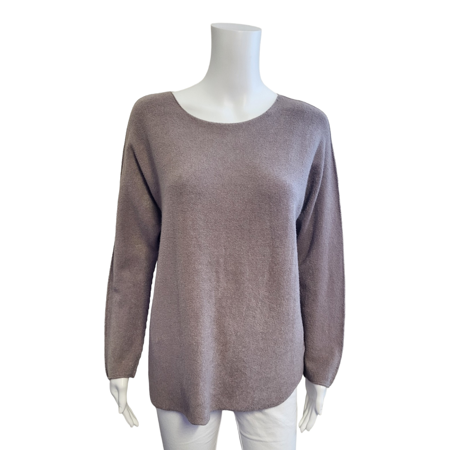 mid brown round necked jumper with long sleeves. seem detail on the sleeve.