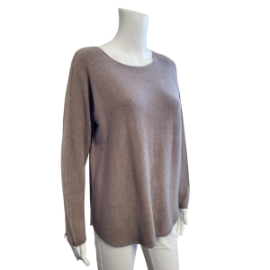 Soft mid brown round necked jumper with long sleeves. Seam detail on the sleeve.
