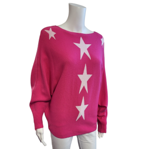 pink scoop neck jumper with batwings and 3 large white stars in a vertical line the middle.