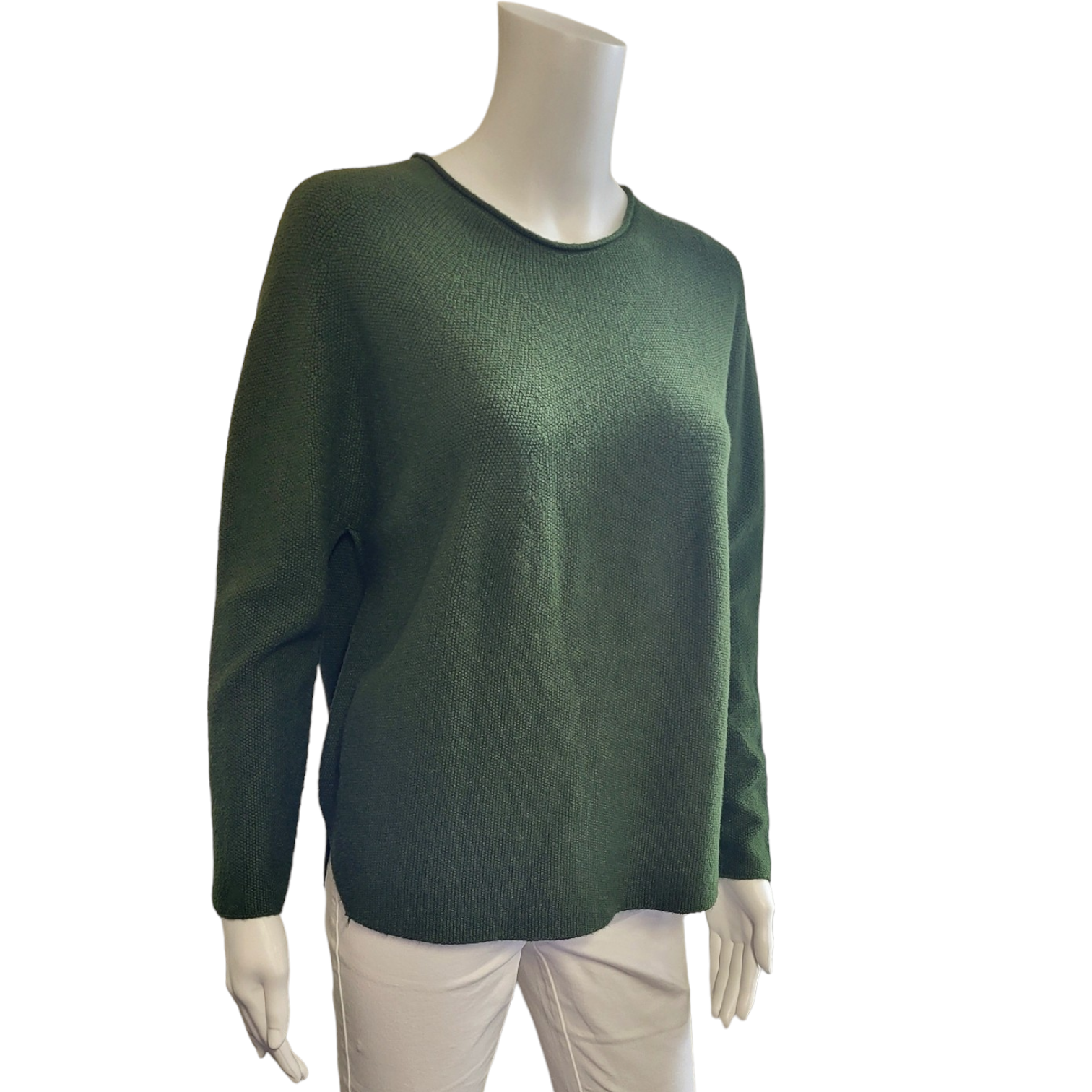 dark green long sleeved jumper with long sleeves and seam back detail