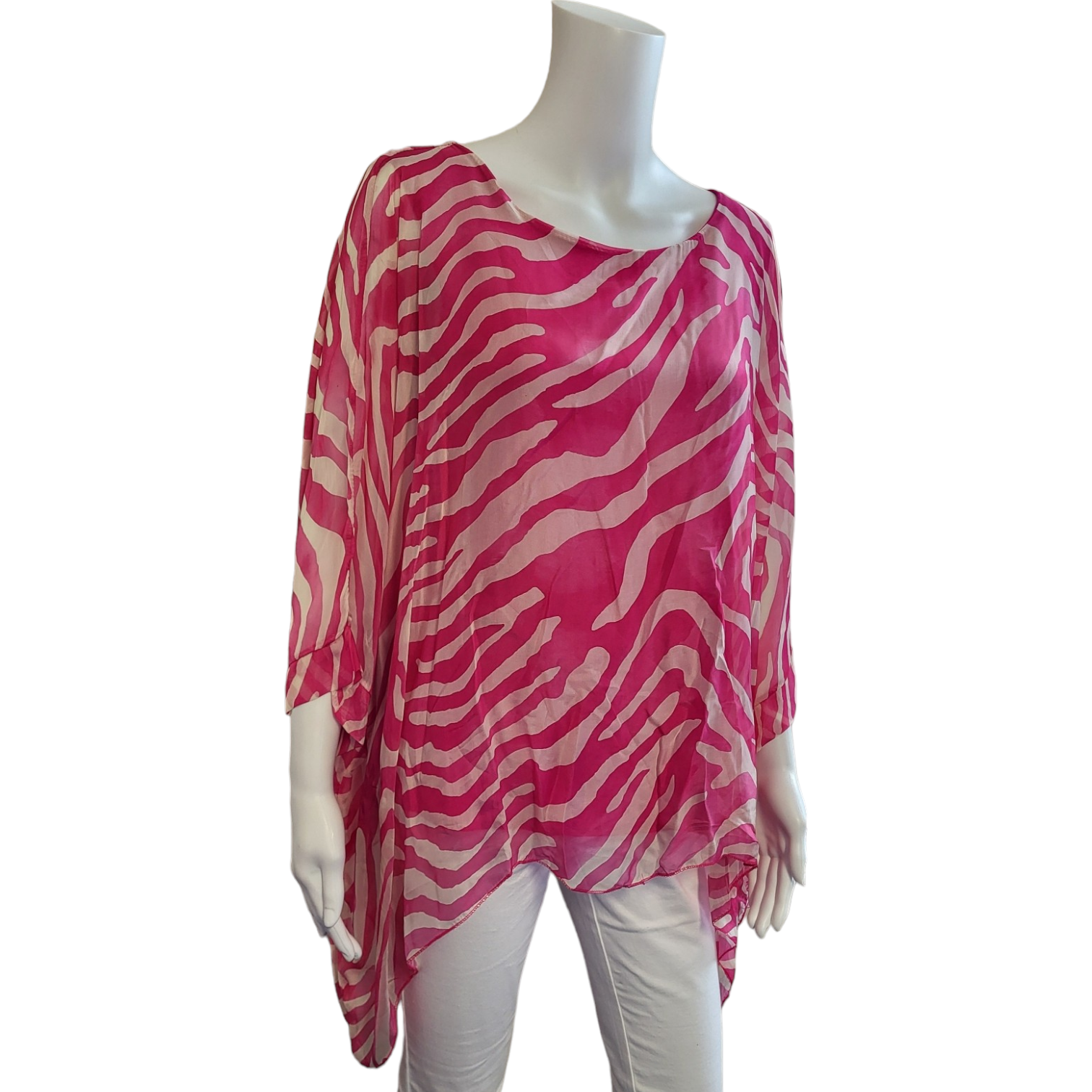 pink and white zebra printed top in a silky material with dipped sides