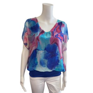 saphhire blue, turquoise adn pink abstract silky top with v neck and short sleeves