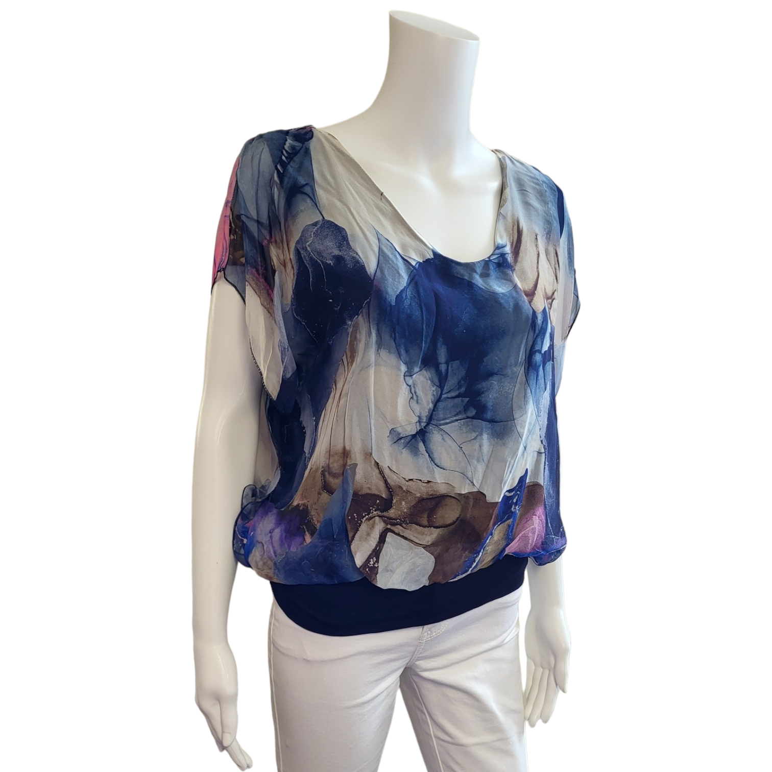 navy blue, cream and pale pink patterned top with short sleeves, silky material