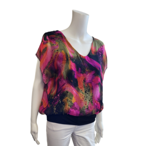 black silky top with pink, orange and green pattern