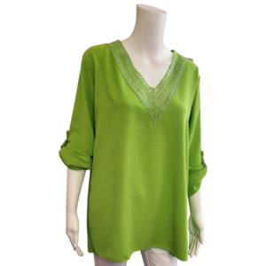 Lime green v neck top with sparkley v neck and turned up sleeves